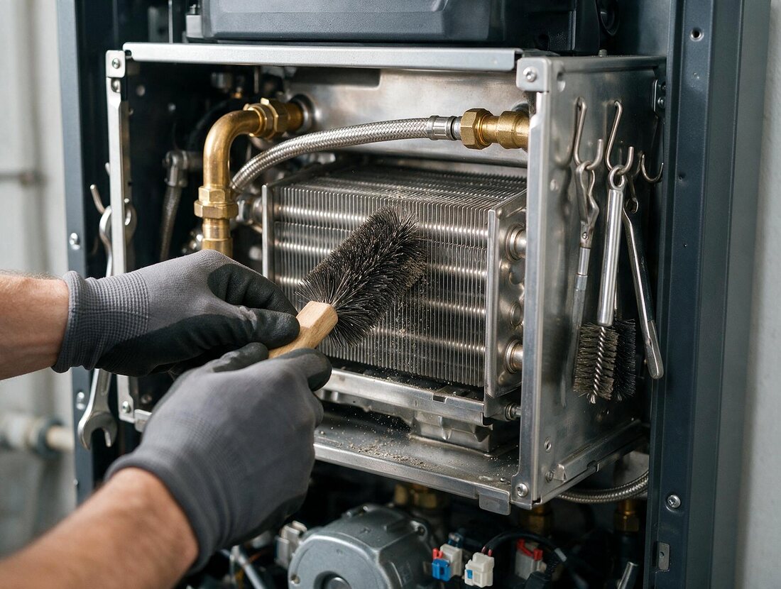 Techniker reinigt mit einer Bürste den Wärmetauscher eines geöffneten Brennwertgeräts