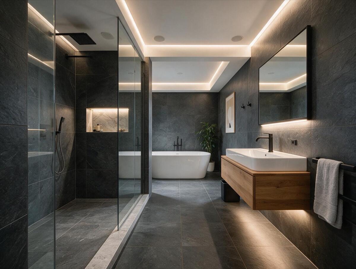 Modernes Badezimmer mit bodengleicher Dusche, freistehender Wanne und Waschtisch aus Eiche